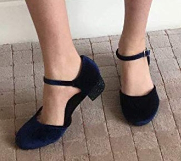 schoenen blauw fluweel met glitterhak